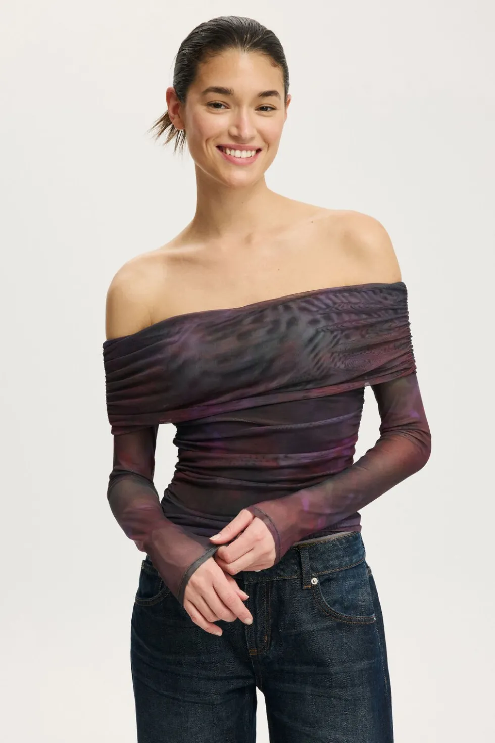 Ashley Off Shoulder Mesh Long Sleeve Top