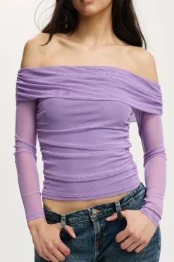 Ashley Off Shoulder Mesh Long Sleeve Top
