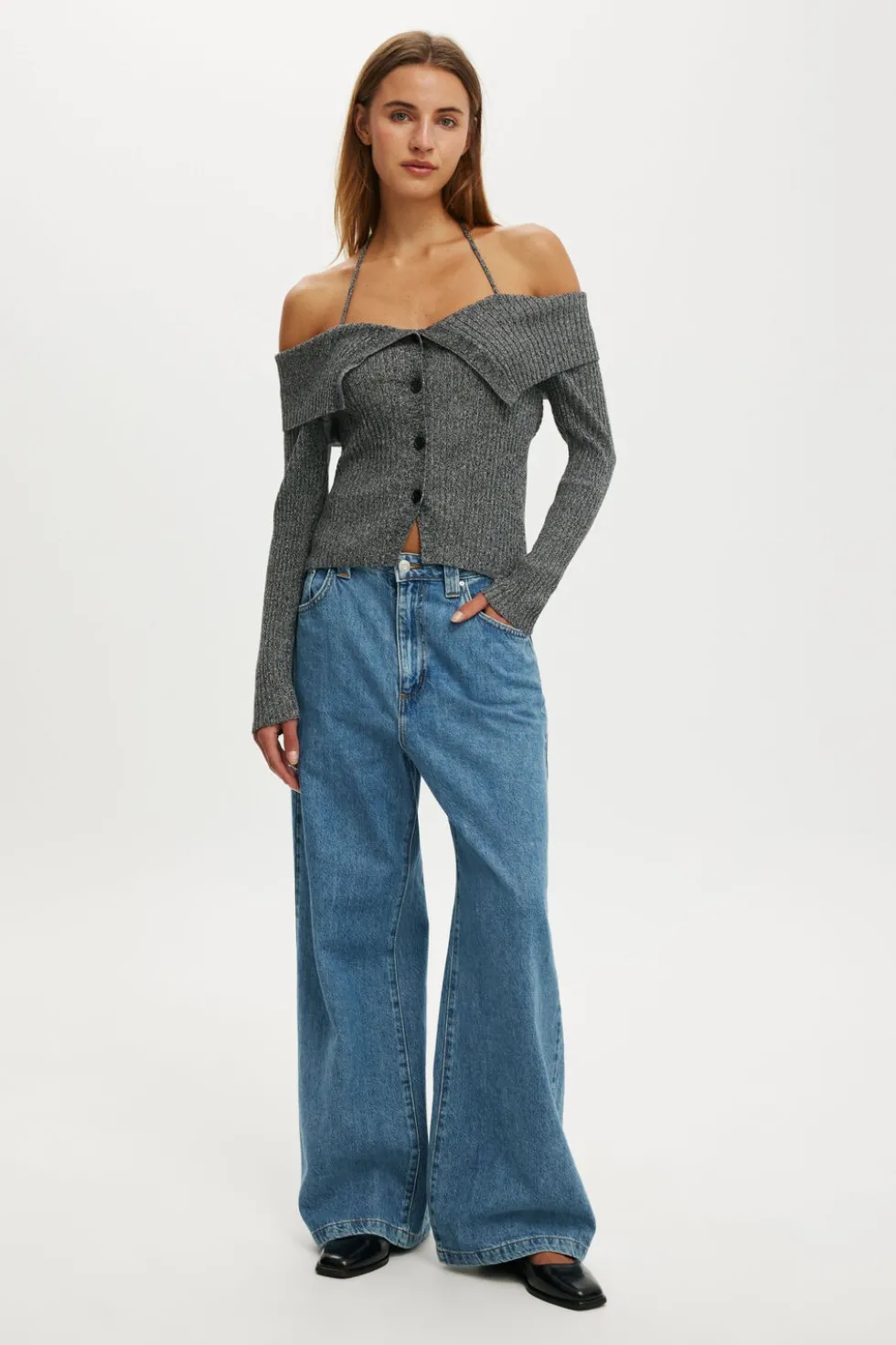 Button Down Off Shoulder Knit