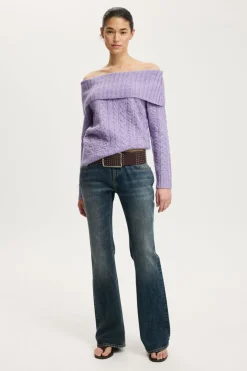 Fluffy Cable Off Shoulder Knit