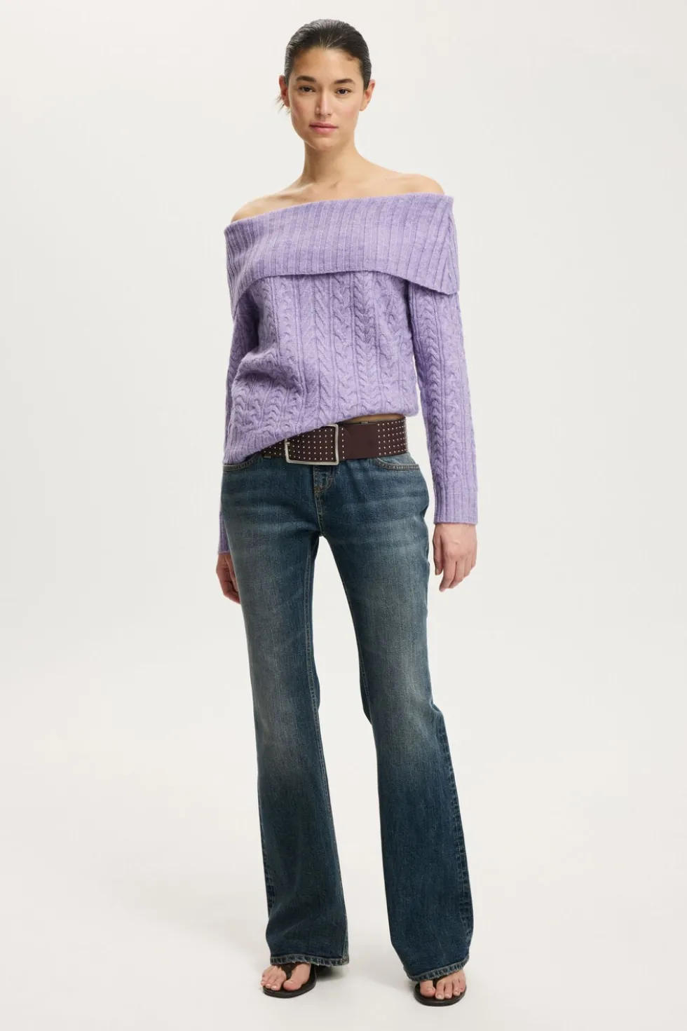 Fluffy Cable Off Shoulder Knit