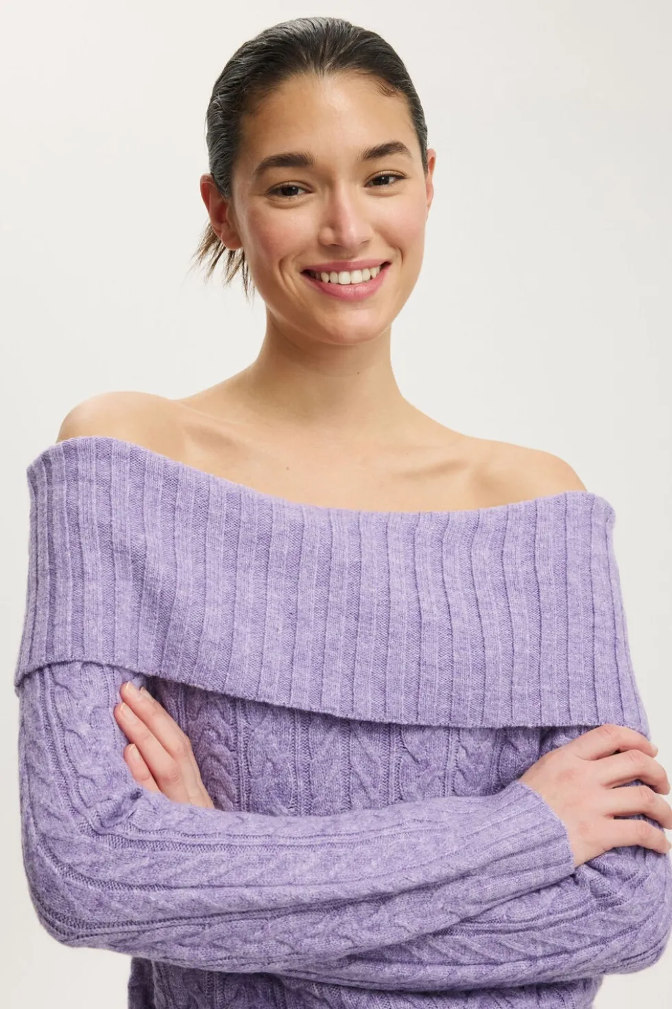 Fluffy Cable Off Shoulder Knit