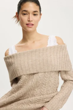 Fluffy Cable Off Shoulder Knit