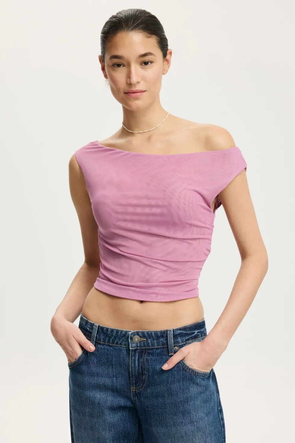 Gathered Mesh Off Shoulder Top